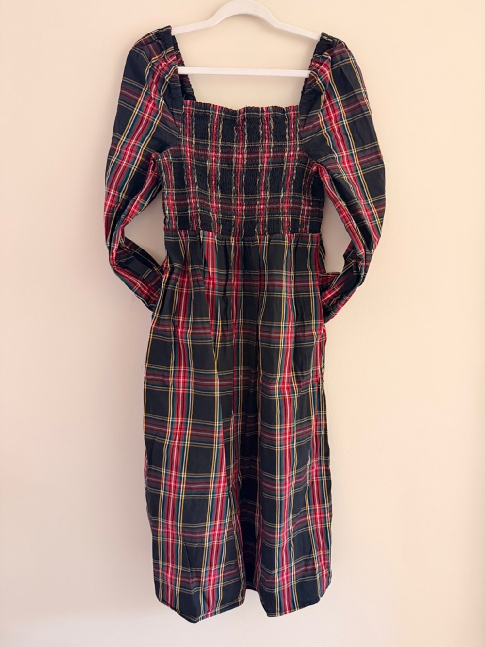Plaid Holiday Smocked Puff-Sleeve Midi Dress
